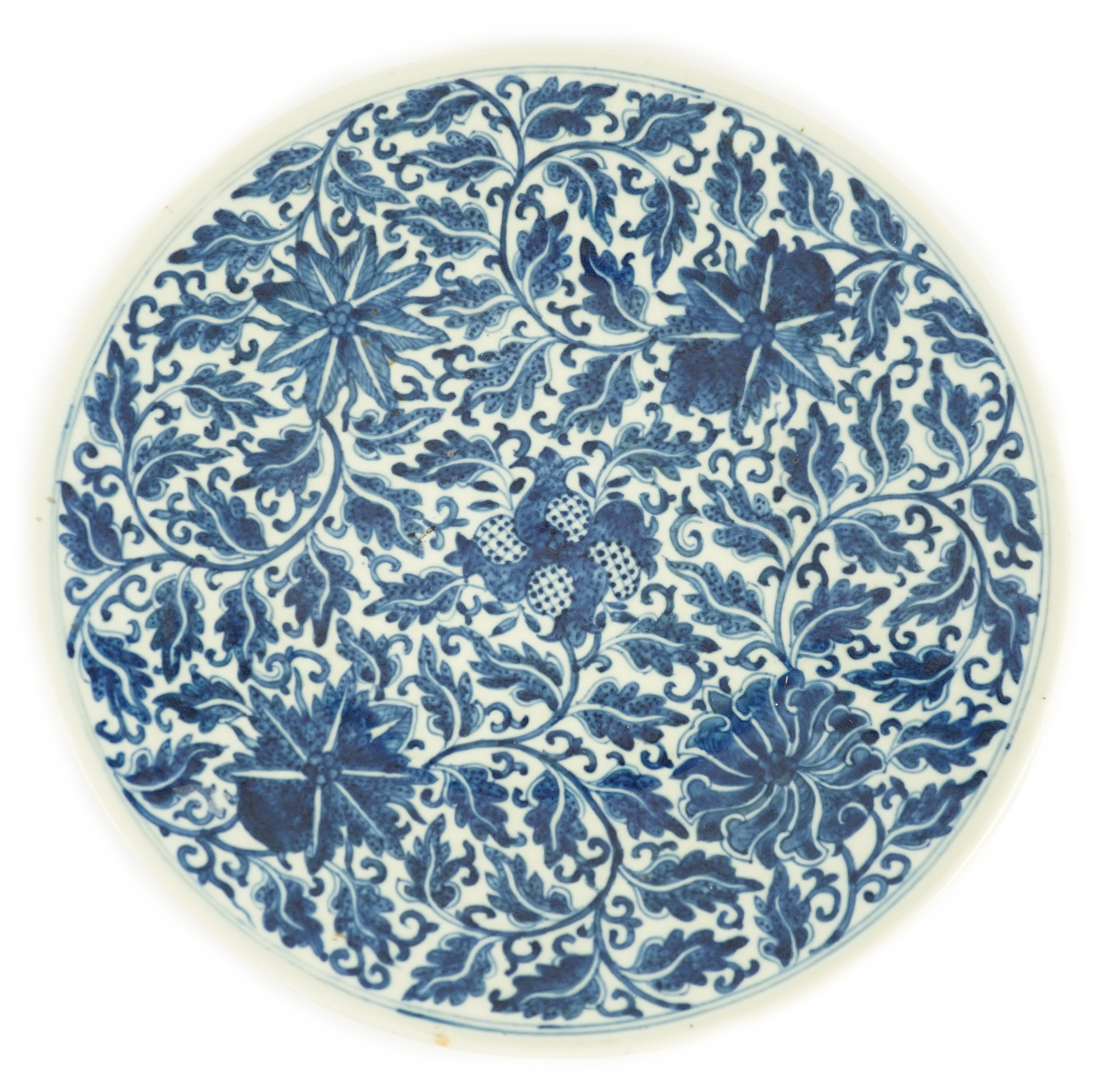 A Chinese blue and white dish, Kangxi mark, 19th century, 34.5cm diameter